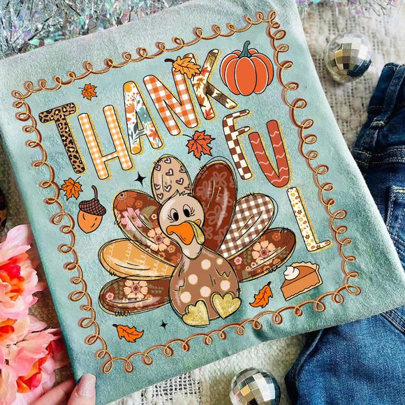 Thankful Turkey Frame Dusty Blue Bella Canvas Graphic Tees - YOUTH & ADULT