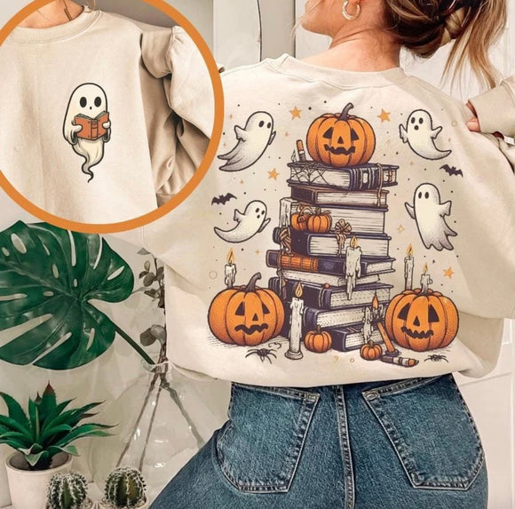 FRONT + BACK Book Stack Halloween Sweatshirts - YOUTH & ADULT SIZES