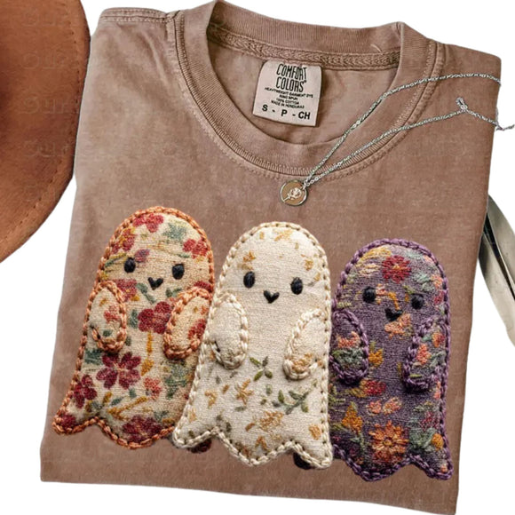 Faux Applique (DTF) Ghost Trio Espresso Comfort Colors Graphic Tees - ADULTS