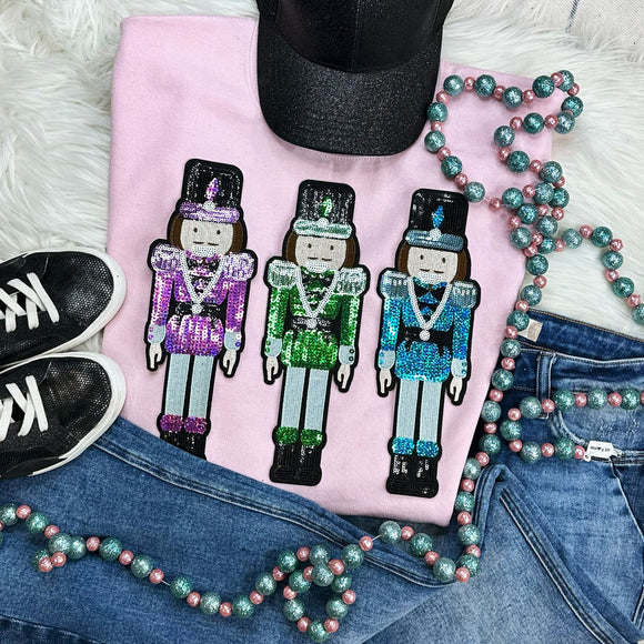 REAL SEQUIN PATCH Sparkly Nutcracker Trio Pink Tees OR Sweatshirts - YOUTH & ADULT SIZES
