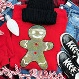 REAL SEQUIN PATCH Gingerbread Man Red Short & Long Sleeve Tees OR Sweatshirts - YOUTH & ADULT SIZES