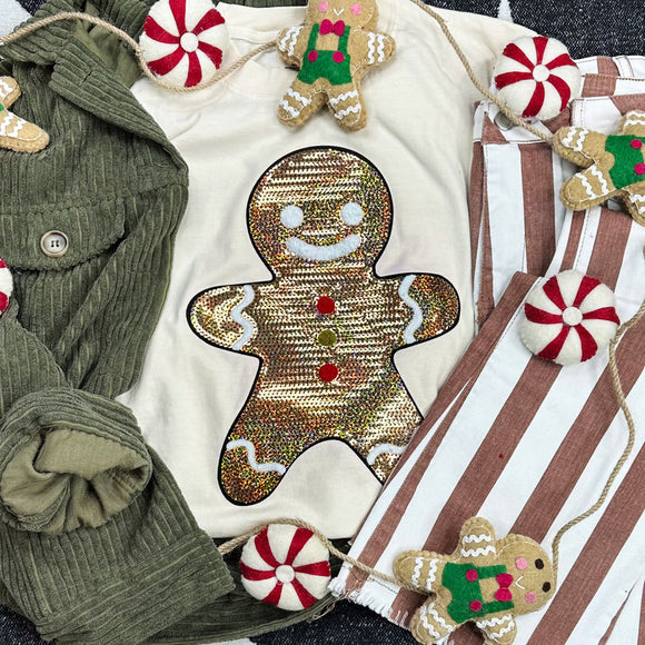 REAL SEQUIN PATCH Gingerbread Man Natural Tees OR Sweatshirts - YOUTH & ADULT SIZES