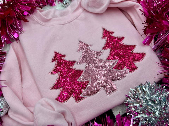 PRE-ORDER Embroidered Pink Trees Sequin Santa Applique Tee OR Sweatshirt - ADULTS