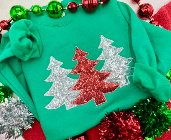 PRE-ORDER Embroidered Green Trees Sequin Santa Applique Tee OR Sweatshirt - ADULTS