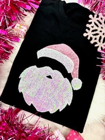 PRE-ORDER Embroidered Pink Sequin Santa Applique Tee OR Sweatshirt - ALL COLORS - ADULTS