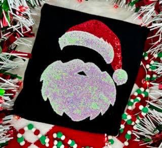 PRE-ORDER Embroidered Red Sequin Santa Applique Tee OR Sweatshirt - ALL COLORS - ADULTS