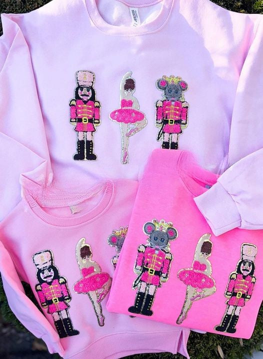 **BESTSELLER** Nutcracker Ballerina Trio Chenille Patch Sweatshirt - LIGHT PINK & HOT PINK - YOUTH & ADULT SIZES