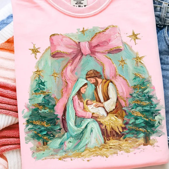 Handpainted Nativity Pink Tees OR Sweatshirts - YOUTH & ADULT SIZES
