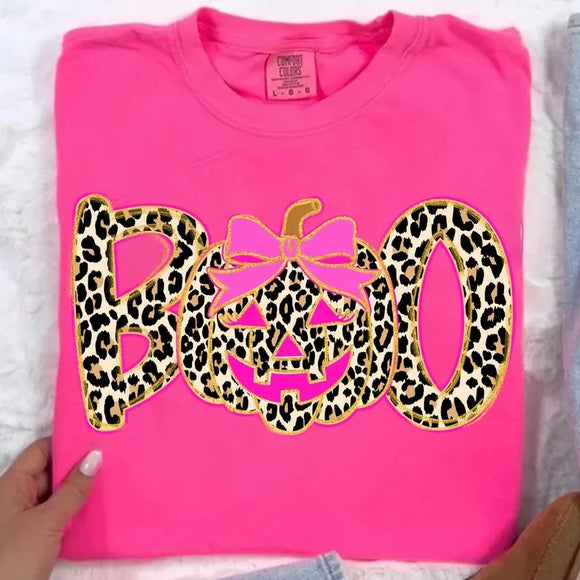 Leopard BOO Pumpkin Neon Pink Comfort Colors Graphic Tees - YOUTH & ADULT