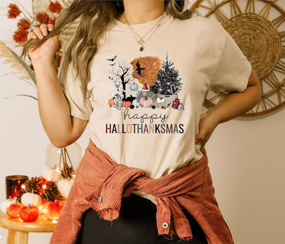 Happy Hallothanksmas Ivory Comfort Color Short & Long Sleeve Tees & Sweatshirts - ADULTS