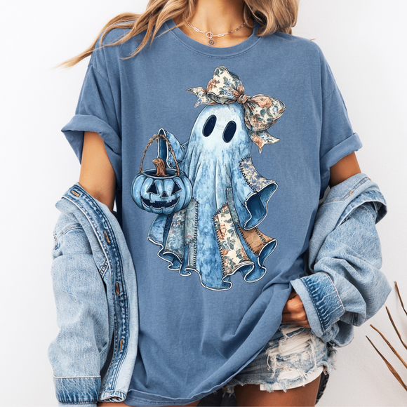 Blue Patchwork Ghost Blue Jean Comfort Colors Graphic Tees - YOUTH & ADULT