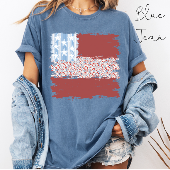 2025 Comfort Colors Shabby Chic Flag T-Shirts - Blue Jean - Youth & Adult Sizes