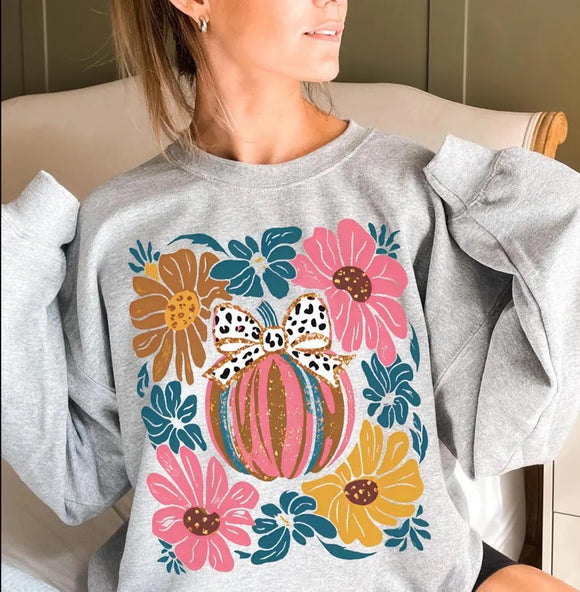 Fall Floral Pink Pumpkin Gray Sweatshirts - YOUTH & ADULT SIZES