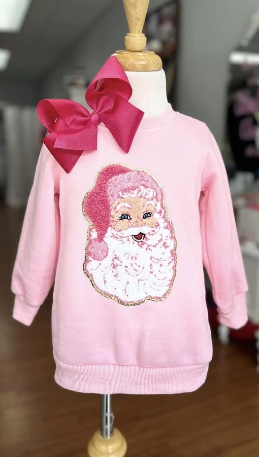 **BESTSELLER** Santa Chenille Patch Sweatshirt - LIGHT PINK & HOT PINK - YOUTH & ADULT SIZES
