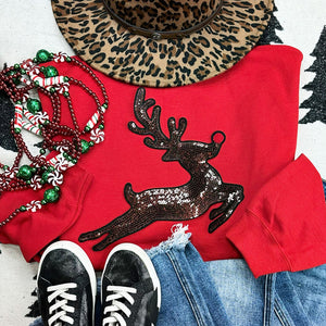 Sequin Reindeer Patch SHORT SLEEVE T-SHIRT - Size Medium