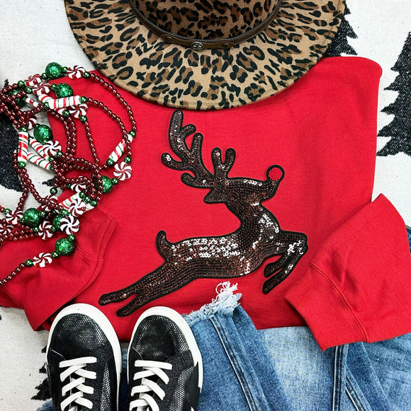 Sequin Reindeer Patch SHORT SLEEVE T-SHIRT - Size Medium