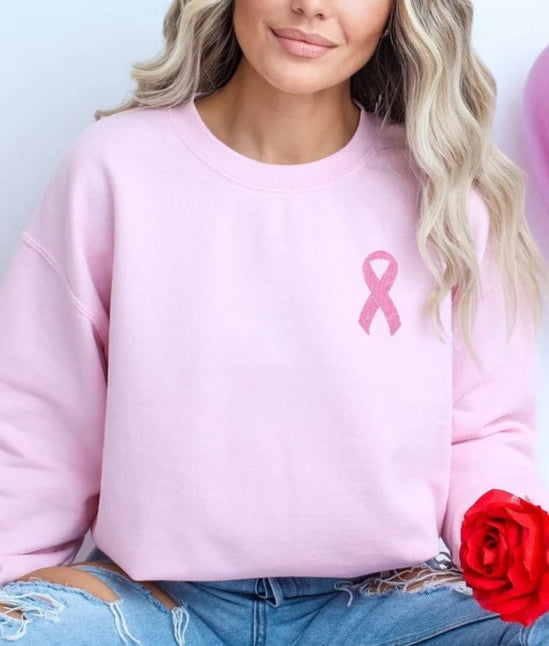 Vinyl Glitter Awareness Ribbon Pink Sweatshirts - YOUTH & ADULT SIZES
