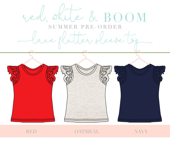 Red, White & BOOM Lace Flutter Sleeve Tanks Pre-Order